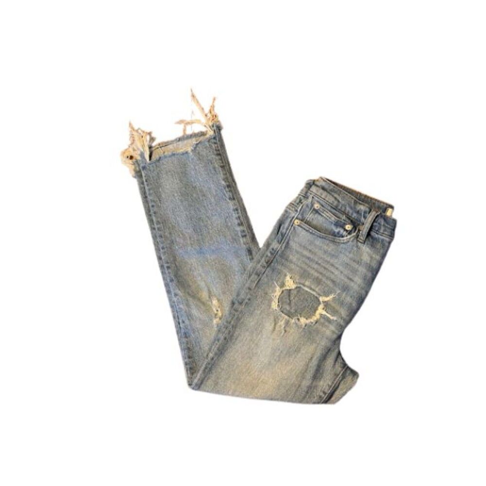 Madewell euc distressed denim jeans size 26 patched frayed inseam straight leg